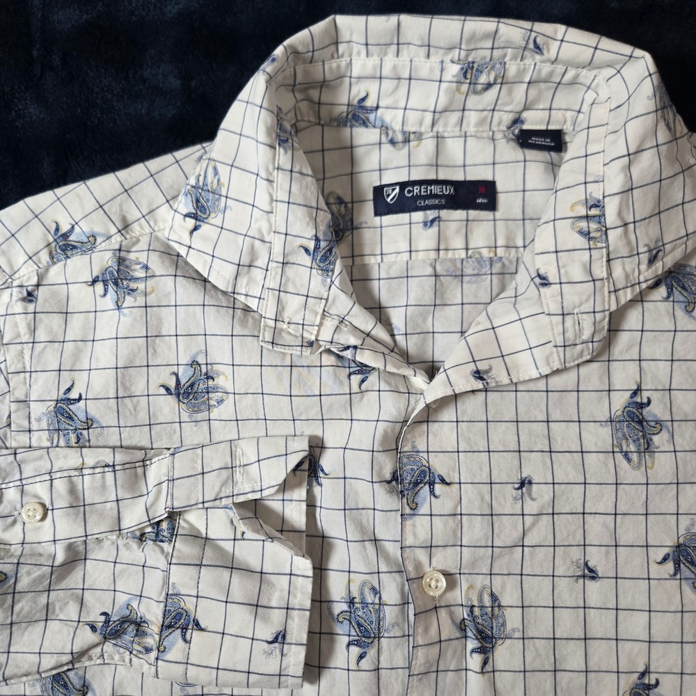 CREMIEUX CLASSICS Mens White Blue Grid Paisley Print‎ Button Down Shirt Size M